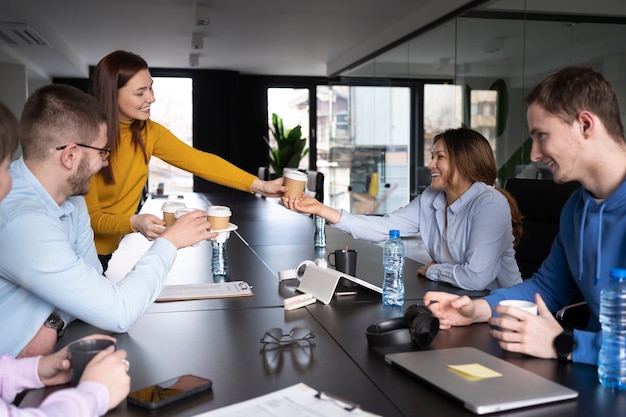 Office workers working together as a team