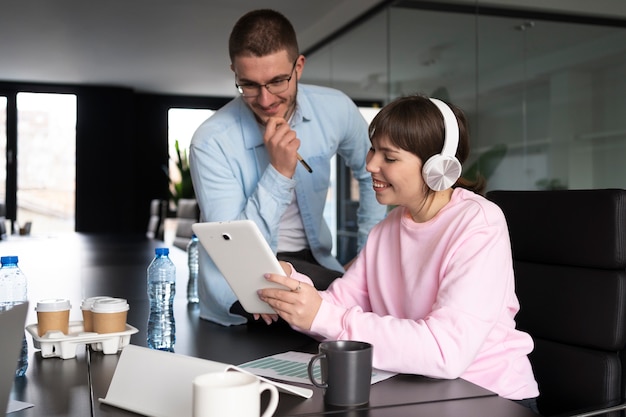 Office workers working together as a team