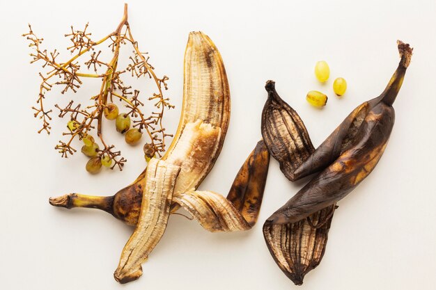 Old banana peel leftovers top view