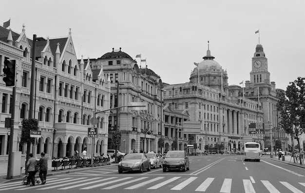 Old buildings and street view in Waitan of Shanghai in black and white