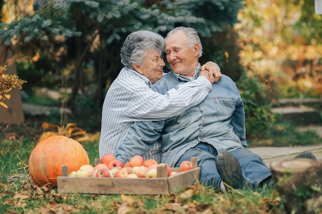 Old couple sittingin a summer garden with harvest