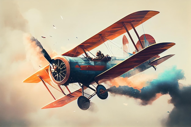 Free photo an old fashioned biplane performing a stunt mid air generative ai