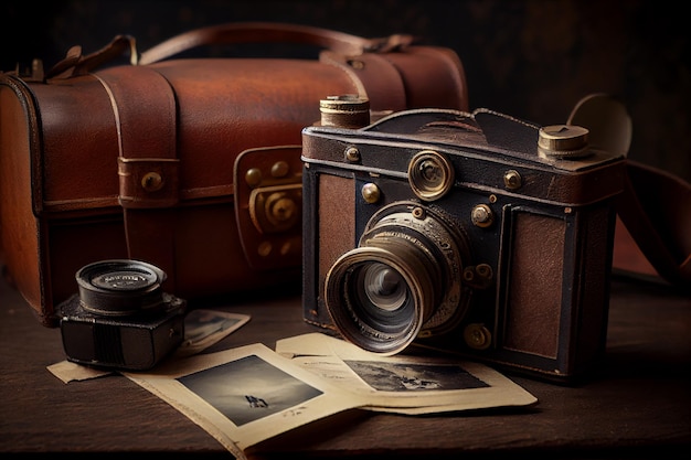 Old fashioned camera and leather suitcase on wooden table generative AI