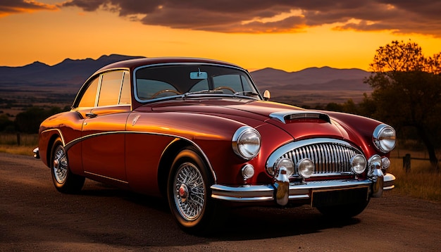 Old fashioned chrome car vintage elegance driving through rural sunset landscape generated by artificial intelligence