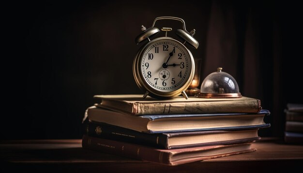 Old fashioned clock on antique desk reminds of studying generated by AI