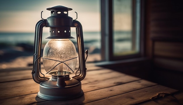 Free photo old fashioned lantern illuminates rustic wooden table outdoors generated by ai