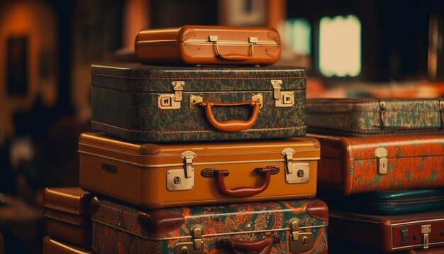 Old fashioned luggage stack ready for adventure generated by AI