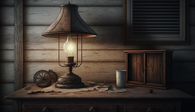 Old fashioned wooden rustic lamp illuminates the cozy interior generative AI