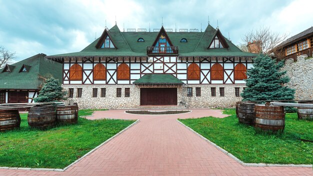 Old house made in national romanian style. Green yard on the foreground