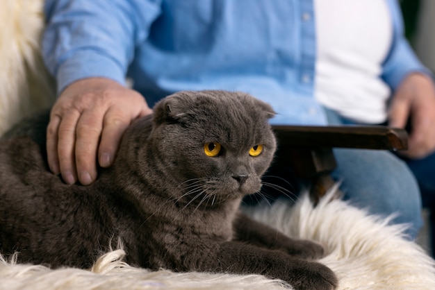 Free photo old man petting cat side view