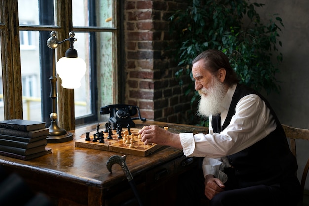 Free Photo old man playing chess alone side view