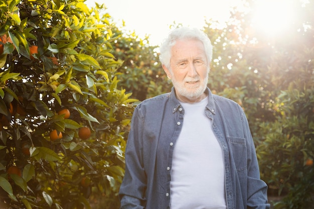 Old man standing next to his orange trees outdoors