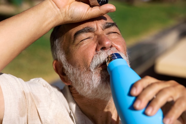 Free photo old man struggling with high temperature