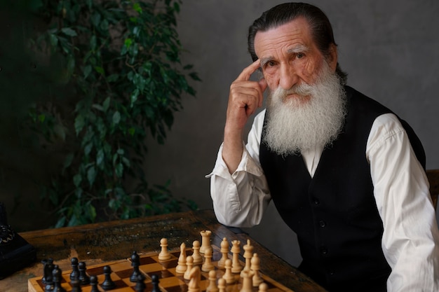 Free photo old man with chess game medium shot