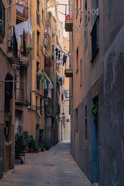 Old narrow street in Gothic Quarter. Barcelona, Spain. Spanish elegant old town urban alley.