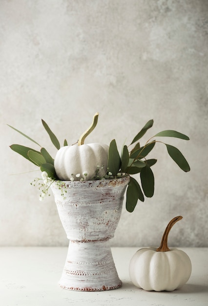 Free photo old pot with white pumpkin and green leaves