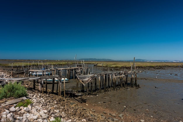 Free photo old ruined wooden deck on the shore under the sunlight in cais palafitico da carrasqueira, portugal