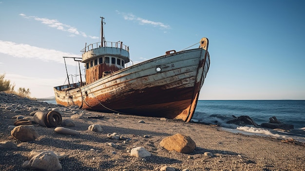 Free photo an old rusty ship rests on the shores of cyprus