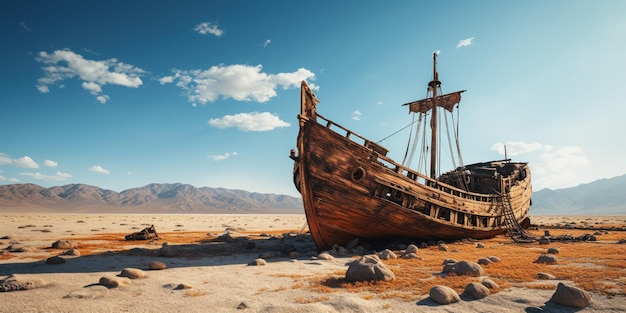 Free Photo an old ship stranded in a big desert