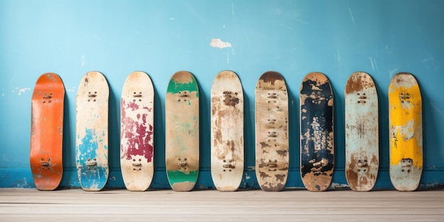 Free photo old skateboards leaning against a wall with flaking blue paint