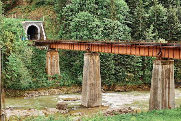 Free Photo the old train rail above mountain river leading to tunnel