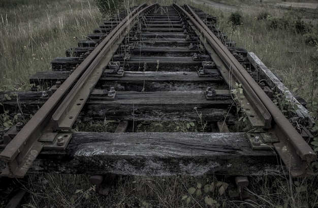 Free photo old train track in the middle of a field