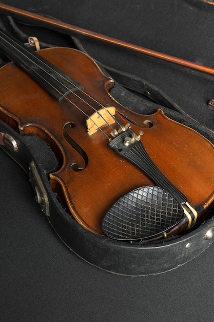 Old violin on a black background