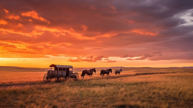 Old western carriage with horses