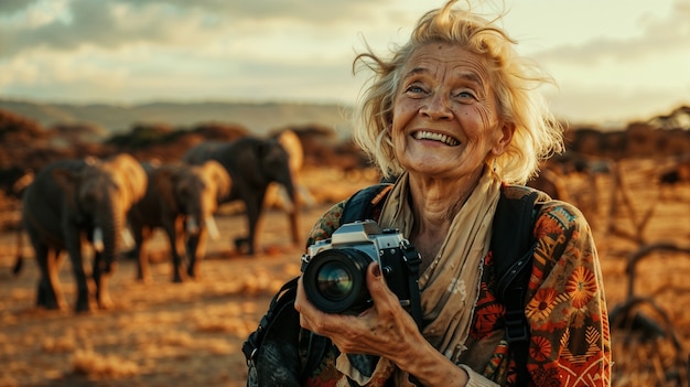 Old woman celebrating world photography day