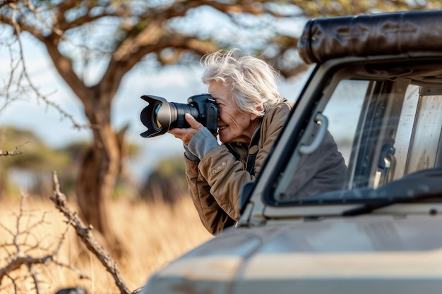 Free photo old woman celebrating world photography day