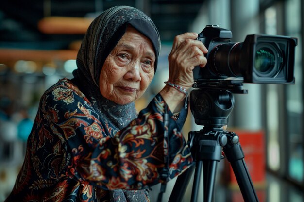 Old woman celebrating world photography day