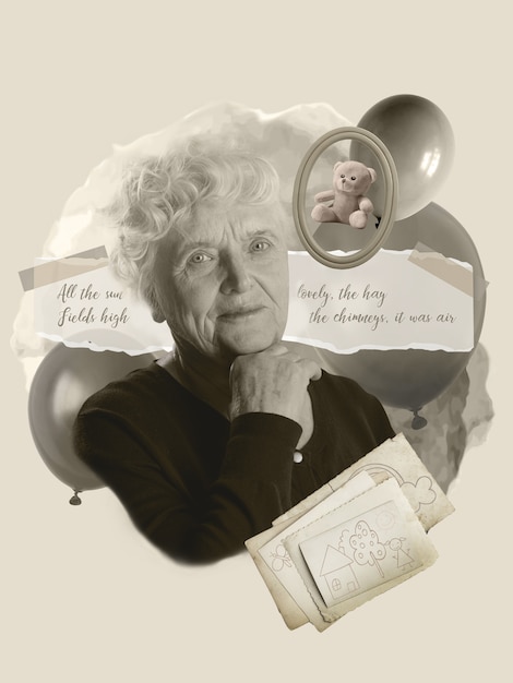 Old woman and notes collage