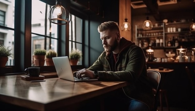 One businessman working on laptop in coffee shop generated by AI