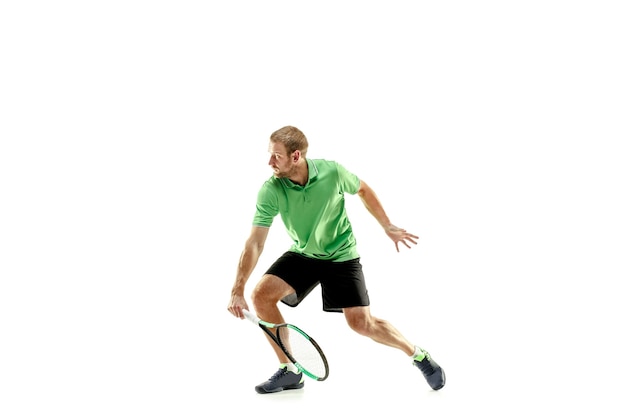 One caucasian man playing tennis player isolated on white