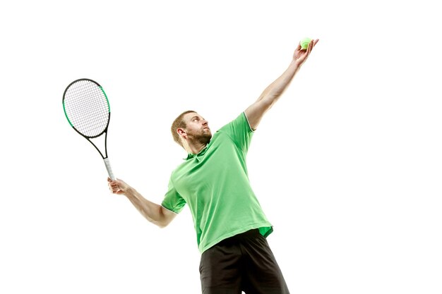 One caucasian man playing tennis player isolated on white