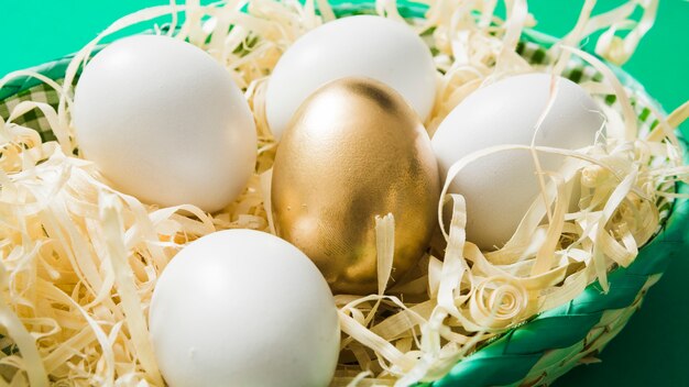 One golden egg among common eggs on wood shaving in the bowl