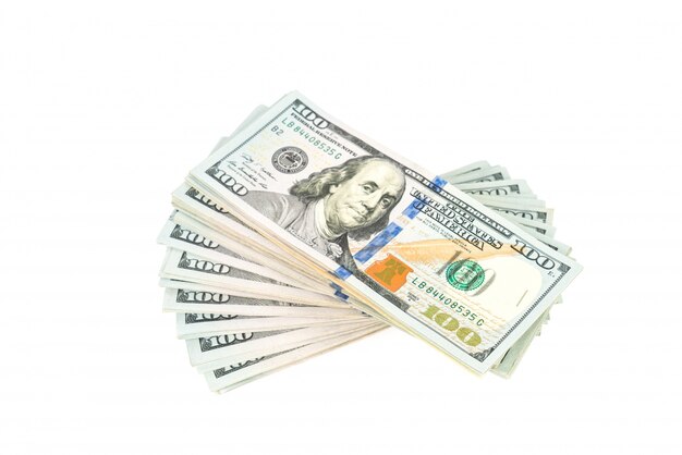 One hundred dollars banknotes on white background