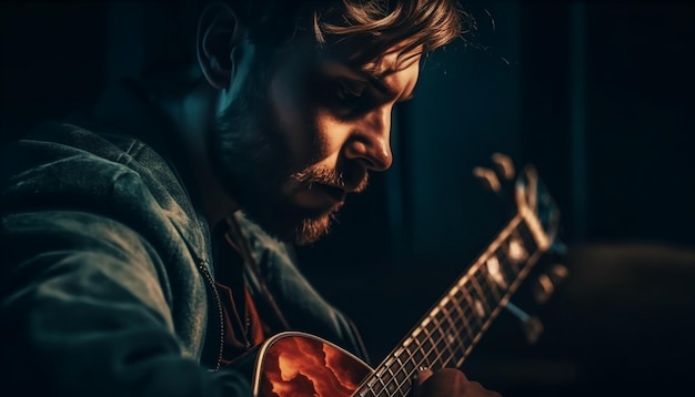 One male guitarist playing acoustic rock music live generated by AI