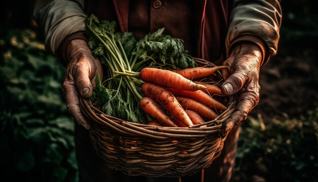 One man holding ripe carrot fresh and organic generated by AI