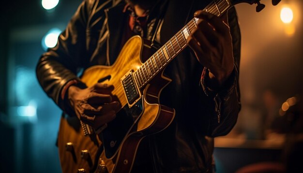 One man playing guitar on stage at night generated by AI