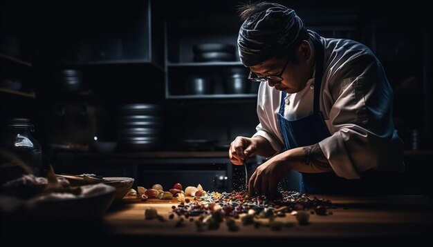 One man preparing homemade dessert in kitchen generated by AI