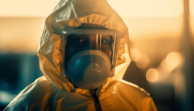 One man in protective suit working with bacterium generated by AI