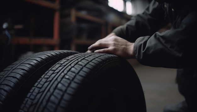 Free photo one man repairing tire with work tool generated by ai