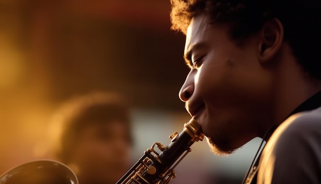 Free Photo one musician blowing saxophone focus on foreground generative ai