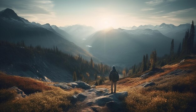 One person hiking mountain peak in autumn generated by AI