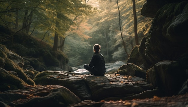 Free photo one person hiking mountain peak enjoying freedom generated by ai