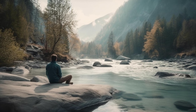 Free photo one person meditating in serene autumn forest generated by ai