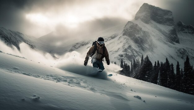 One person snowboarding down a mountain slope generated by AI