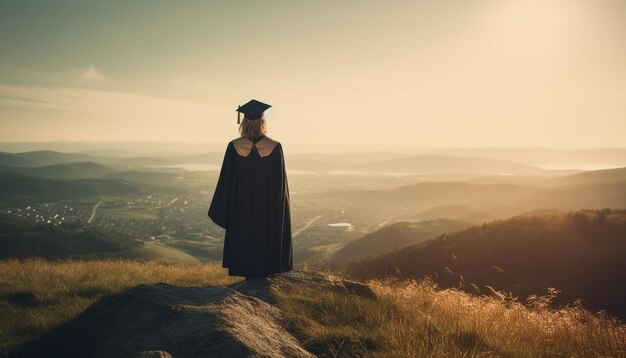 One person standing on mountain achieving success generated by AI