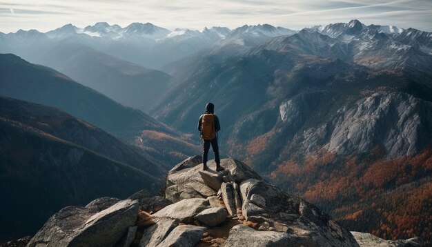 One person standing on top of mountain peak backpacking success generated by AI